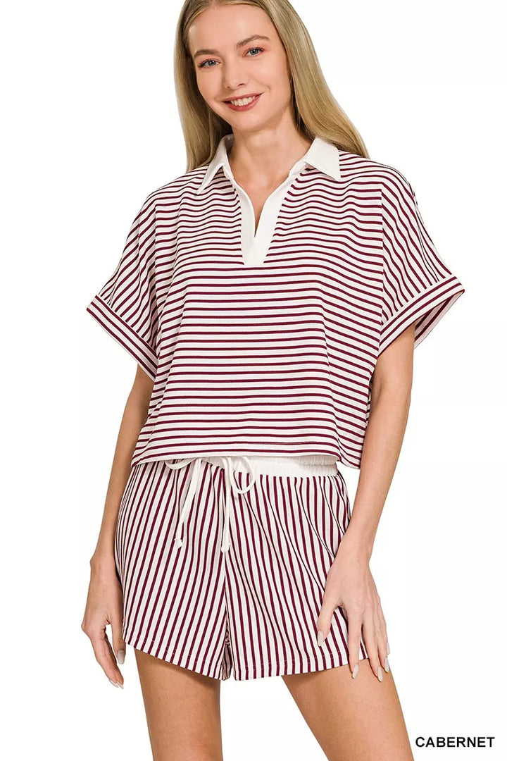 Cabernet Zenana Striped Collared Top Shorts Set 2