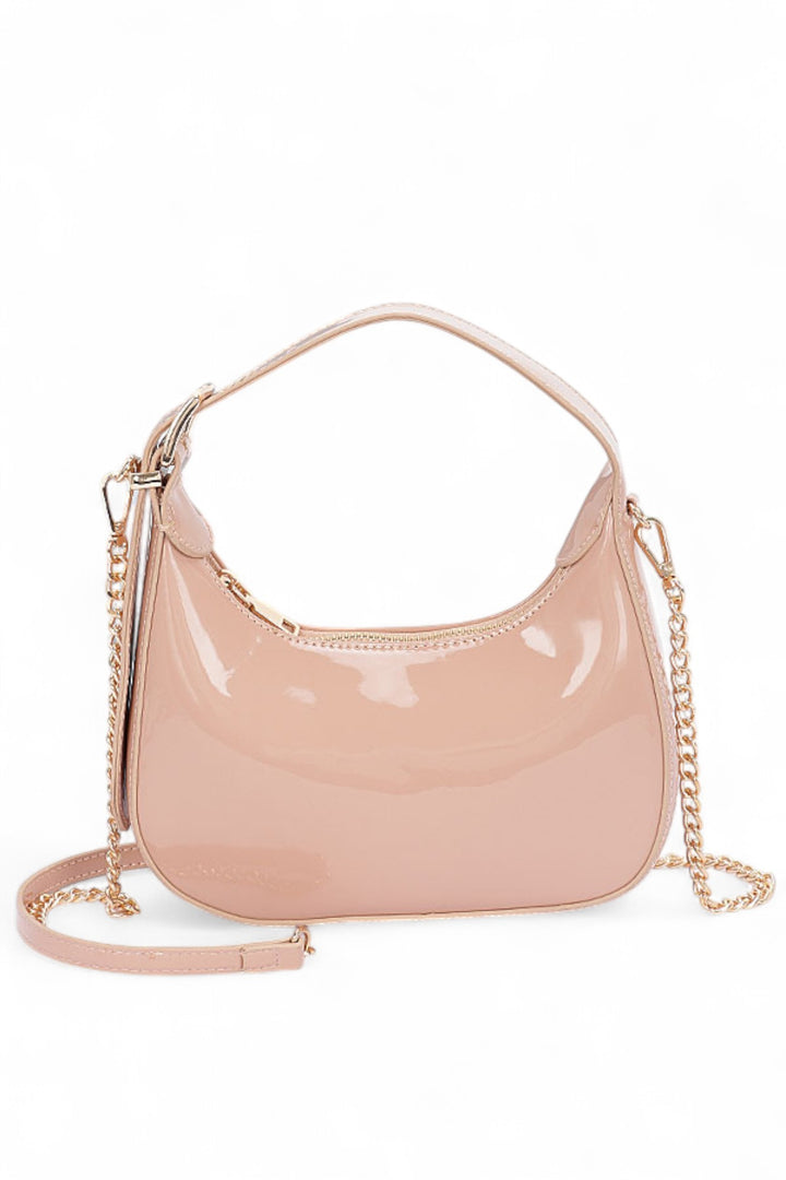 Nude Patent Faux Leather Top Handle Swing Bag