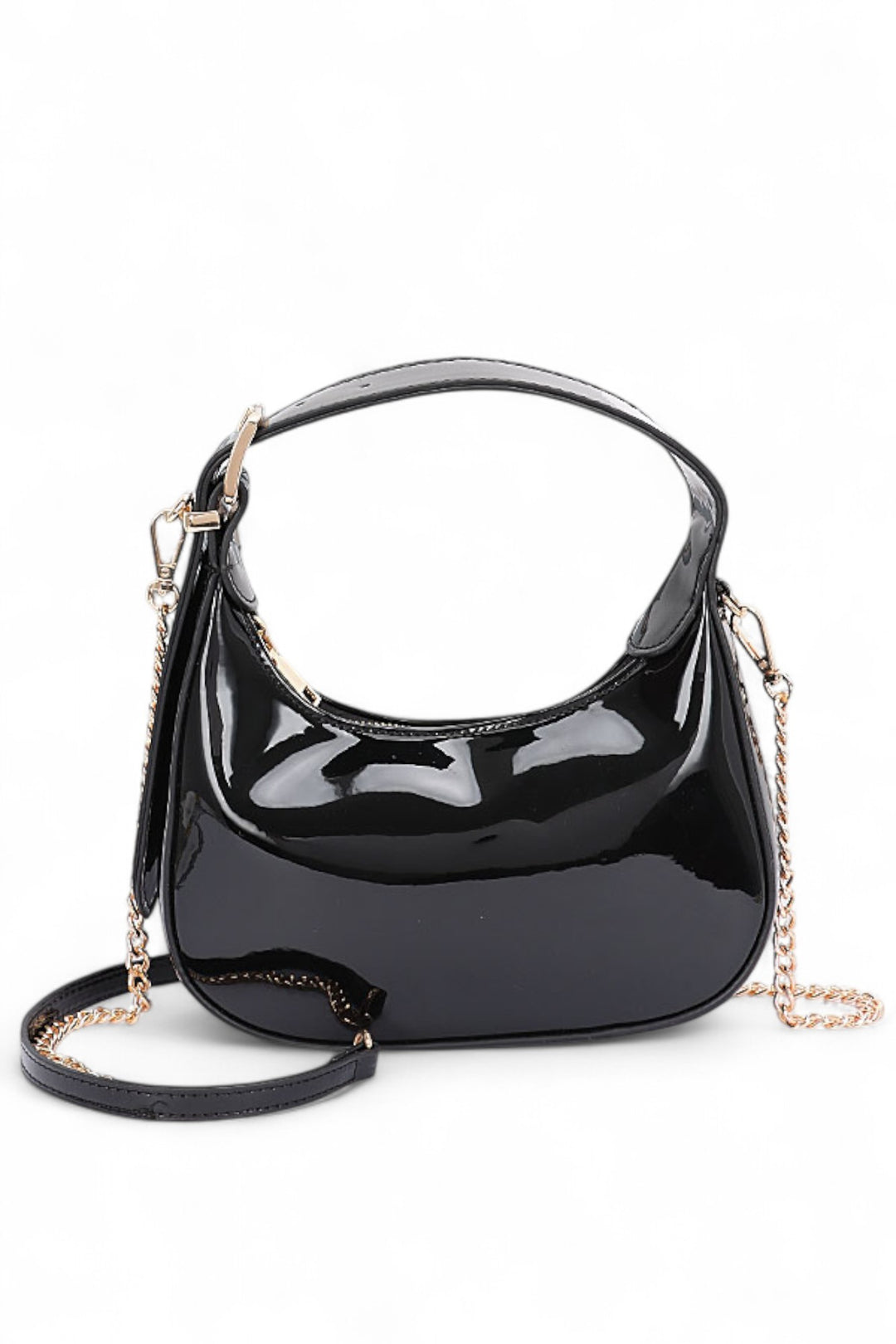 Black Patent Faux Leather Top Handle Swing Bag