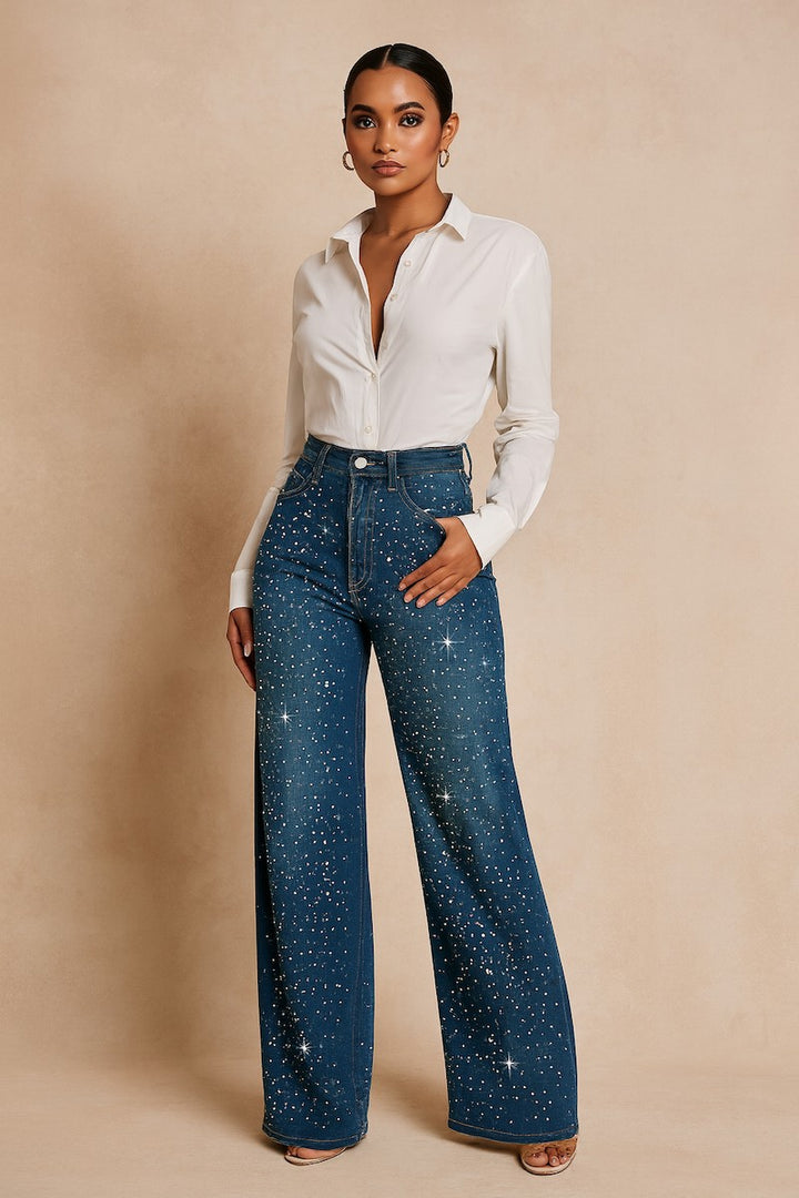 Blue Wide Leg Rhinestone Jean