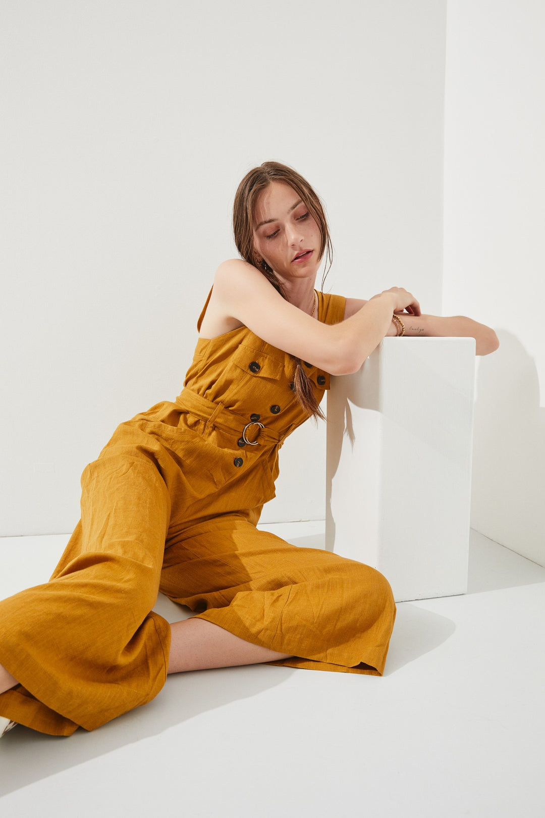 Mustard Sleeveless Square Neck Button Down Ankle Jumpsuit