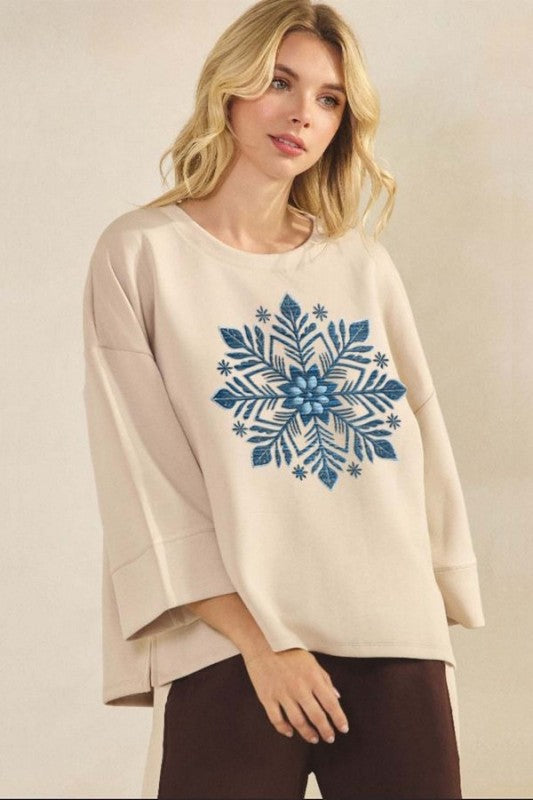 Oatmeal Artic Snowflake Embroidered Ultracomfy Top 1