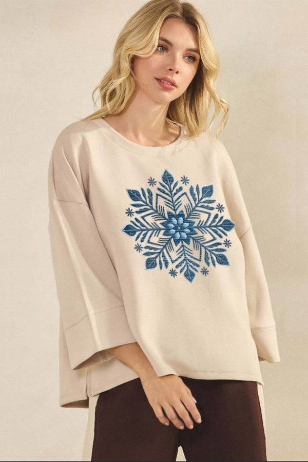 Oatmeal Artic Snowflake Embroidered Ultracomfy Top