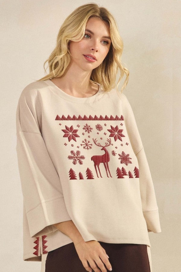 Oatmeal Reindeer In The Snow Ultracomfy Embroidered Top