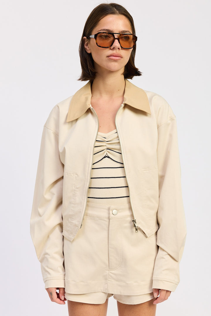 Light Beige Oversized Long Sleeve Collared Jacket