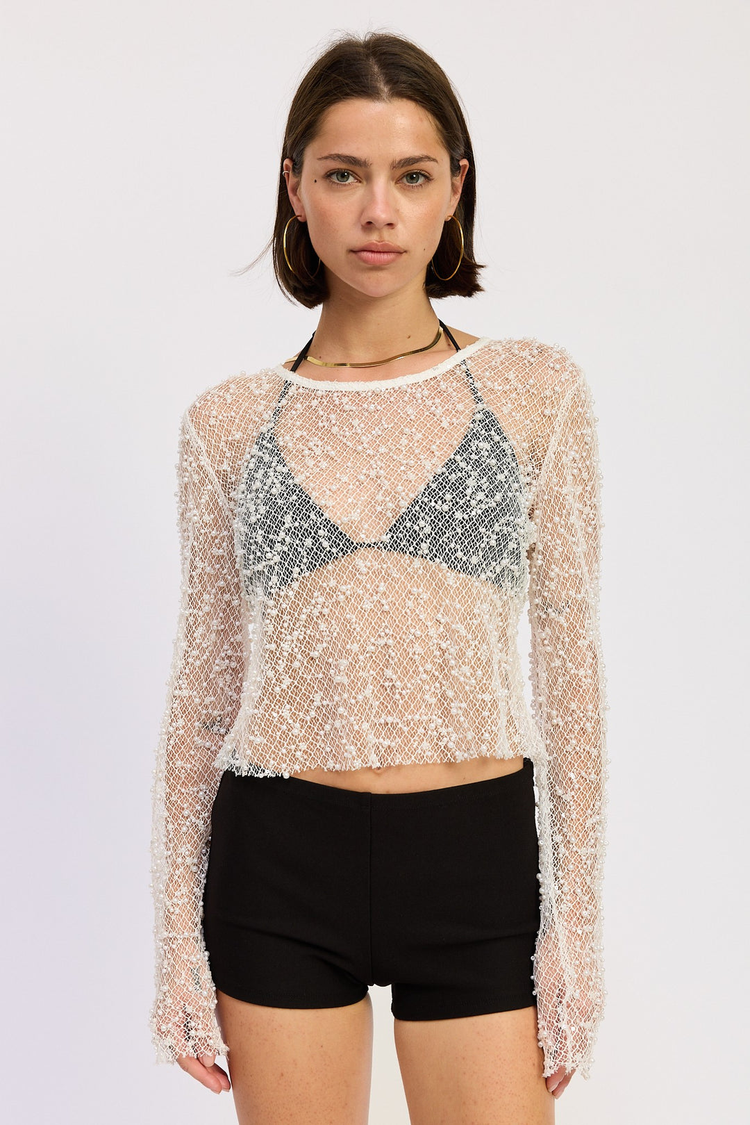 Off White Long Sleeve Sheer Cropped Top