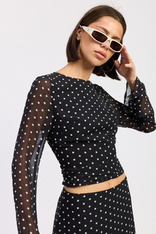 Cropped Polka Dot Sheer Top With Open Back Tie