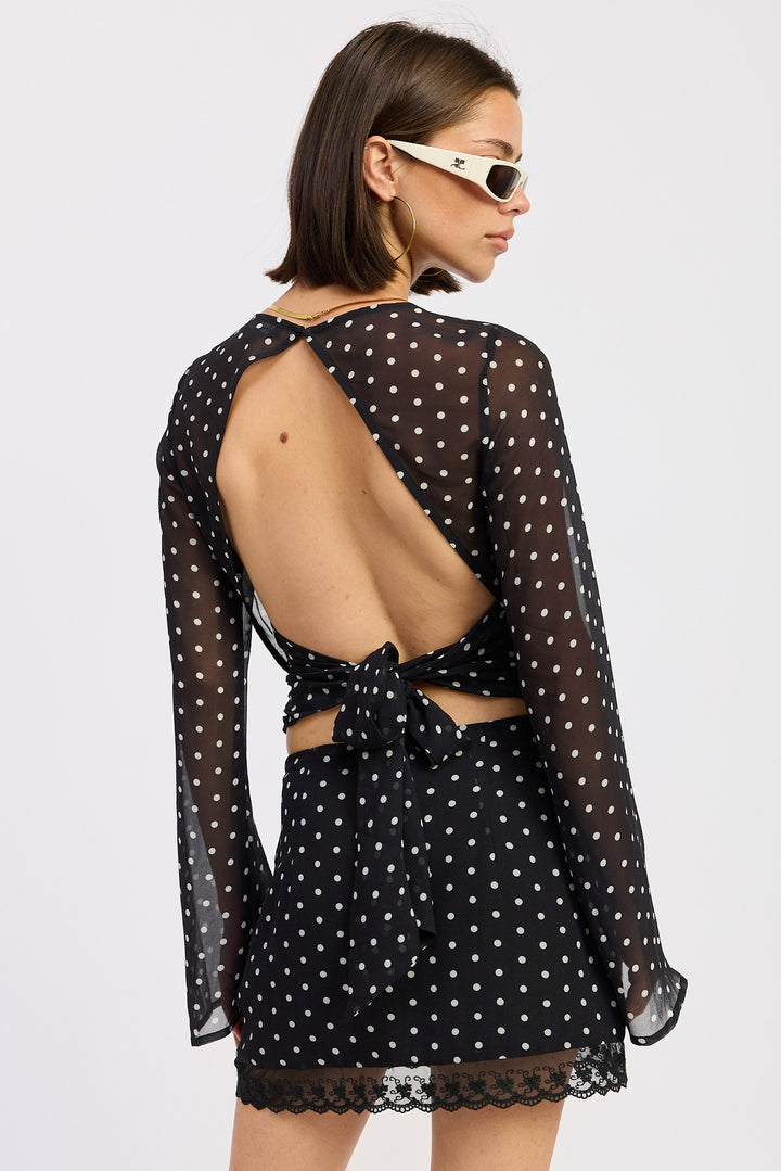 Cropped Polka Dot Sheer Top With Open Back Tie