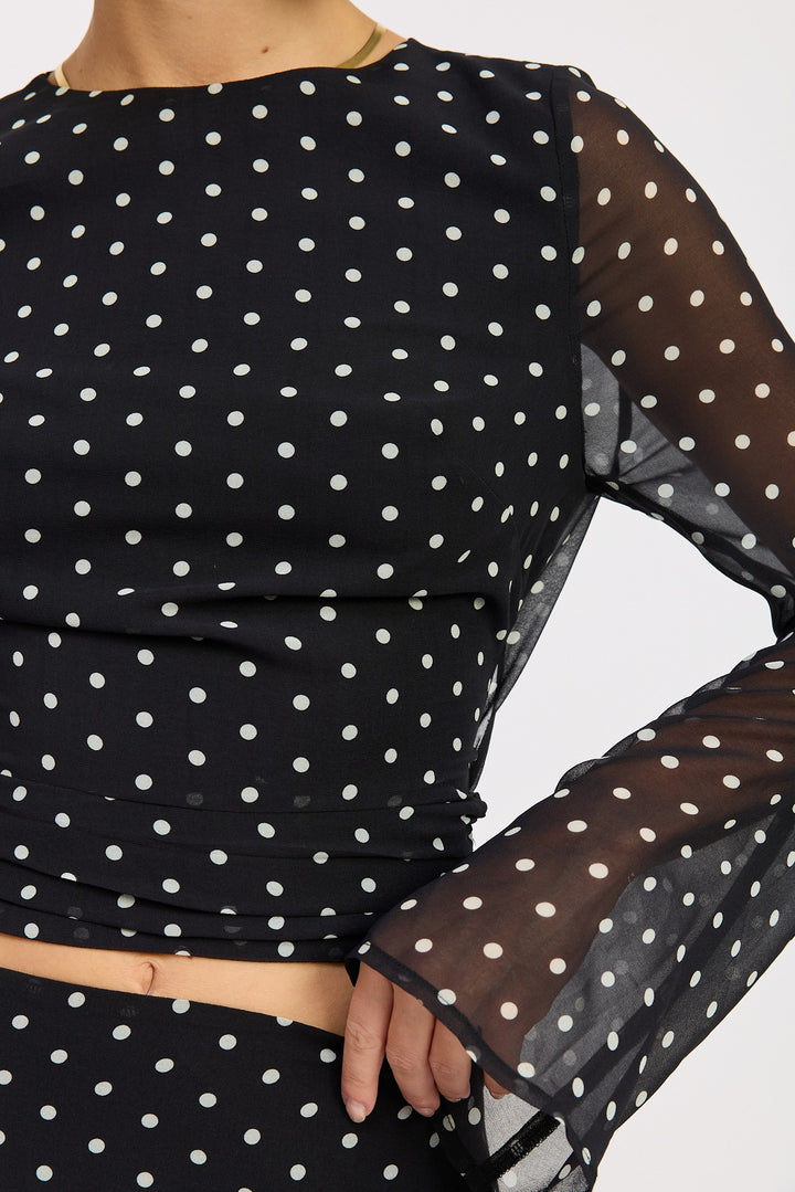 Cropped Polka Dot Sheer Top With Open Back Tie