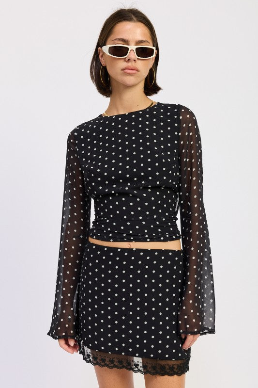 Black Polka Dot Cropped Polka Dot Sheer Top With Open Back Tie