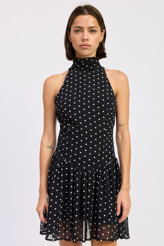 Black Polka Dot Sleeveless High Neck Mini Dress With Polka Dots