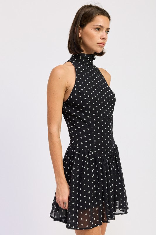 Sleeveless High Neck Mini Dress With Polka Dots