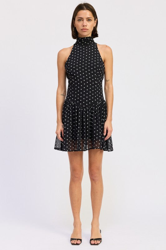 Sleeveless High Neck Mini Dress With Polka Dots