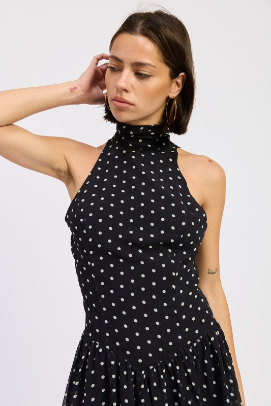 Sleeveless High Neck Mini Dress With Polka Dots
