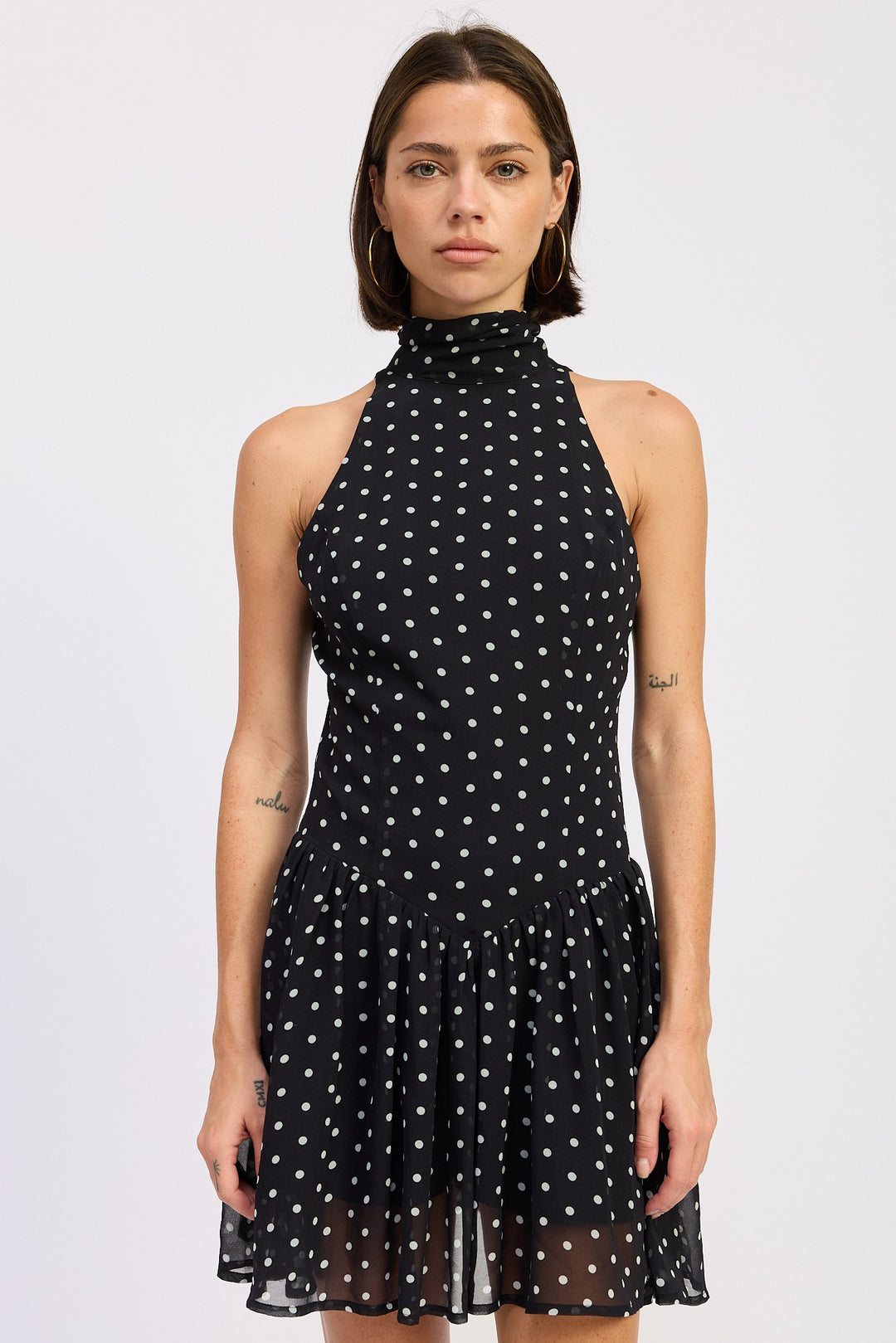 Black Polka Dot Sleeveless High Neck Mini Dress With Polka Dots