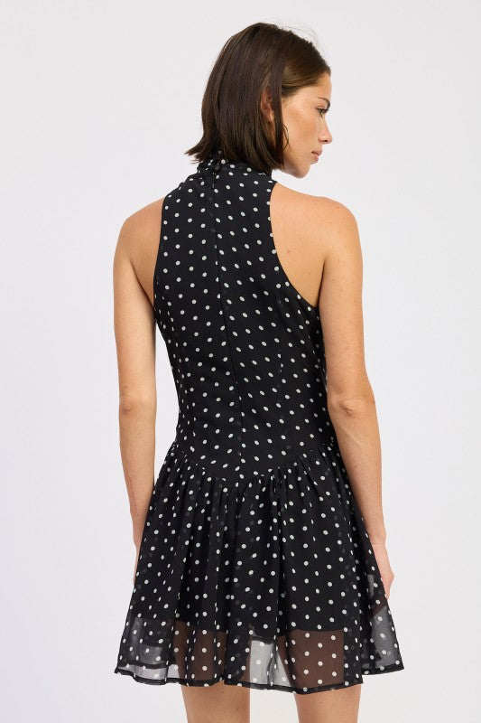 Sleeveless High Neck Mini Dress With Polka Dots