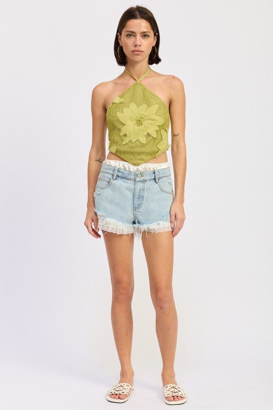 High Rise Denim Shorts With Lace Trim