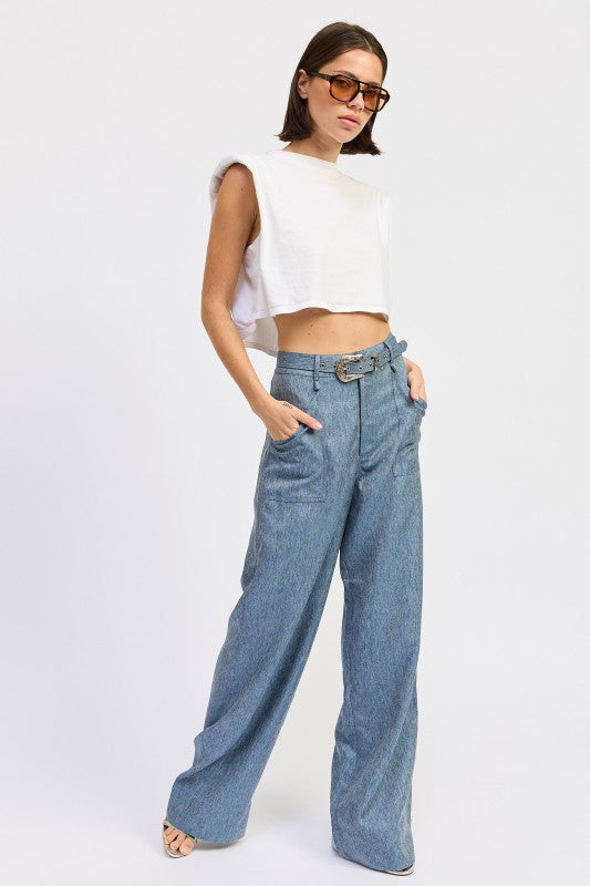 Belted Wide Leg Denim Trousers
