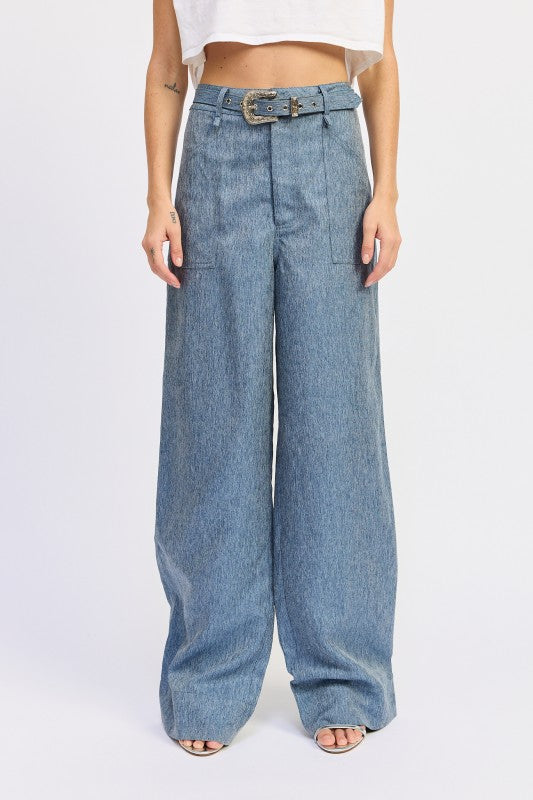 Belted Wide Leg Denim Trousers