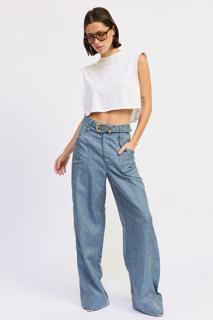 Denim Blue Belted Wide Leg Denim Trousers