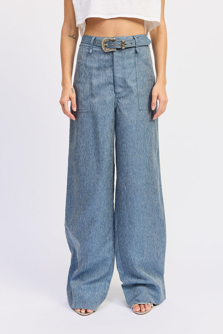 Belted Wide Leg Denim Trousers