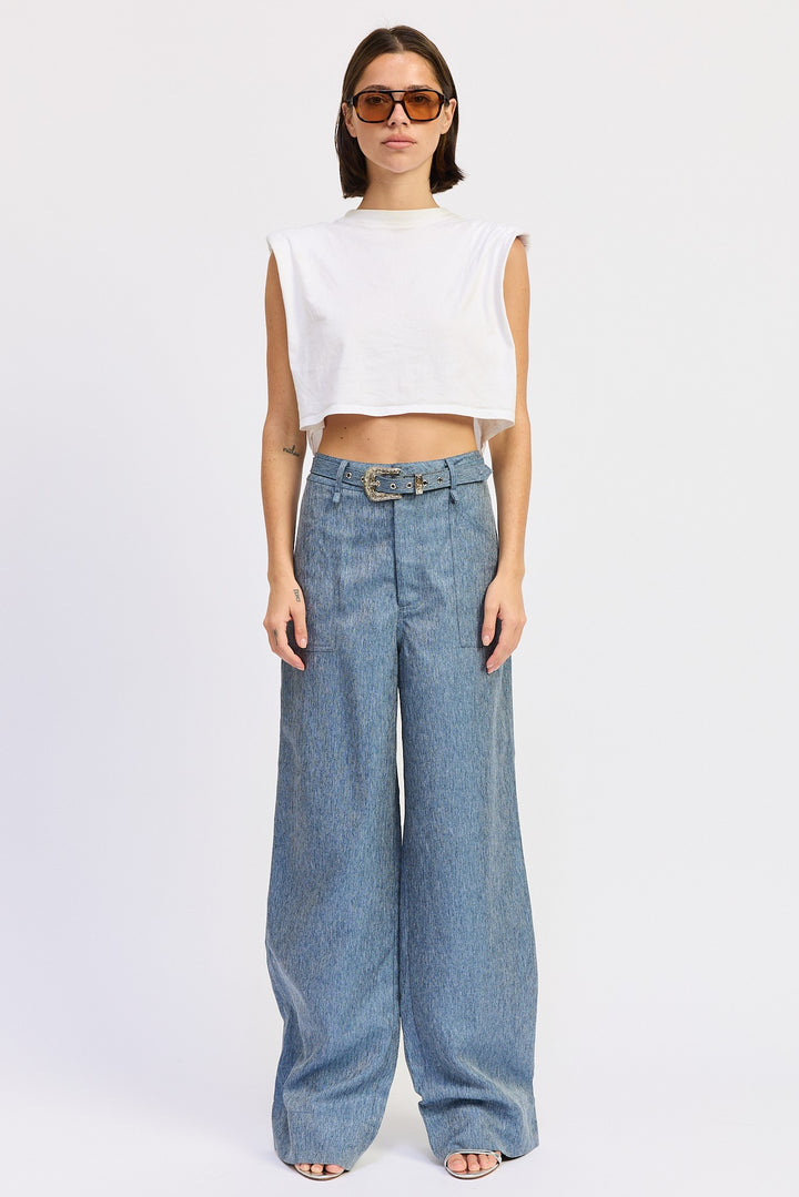 Belted Wide Leg Denim Trousers