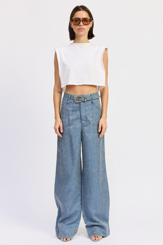Belted Wide Leg Denim Trousers