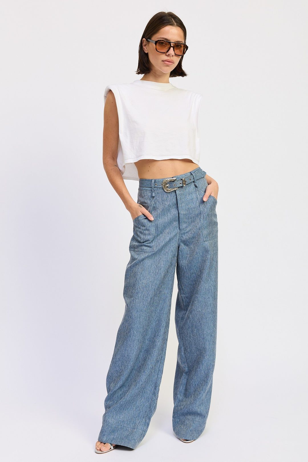 Belted Wide Leg Denim Trousers