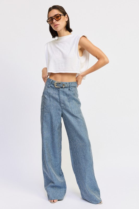 Belted Wide Leg Denim Trousers