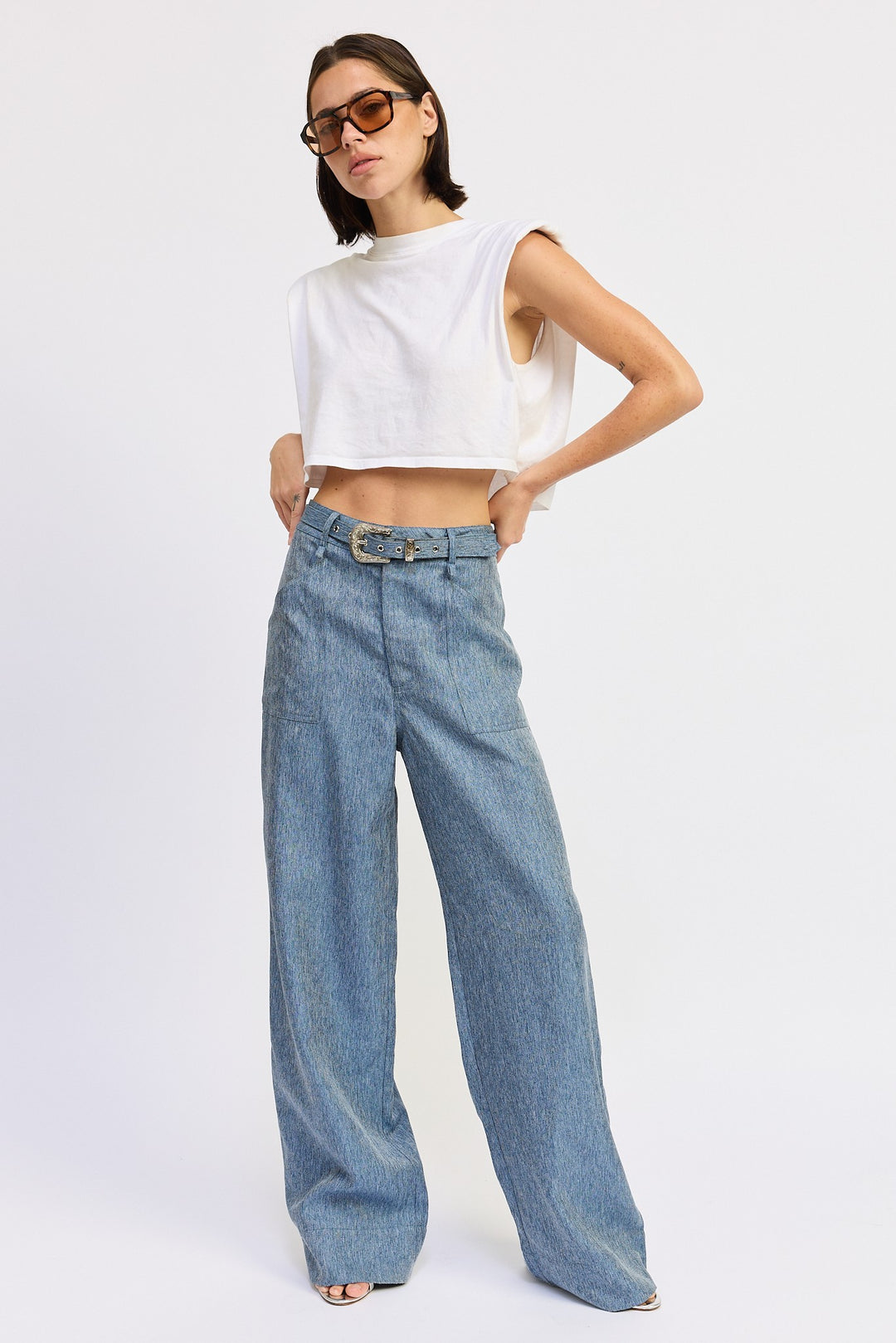 Belted Wide Leg Denim Trousers