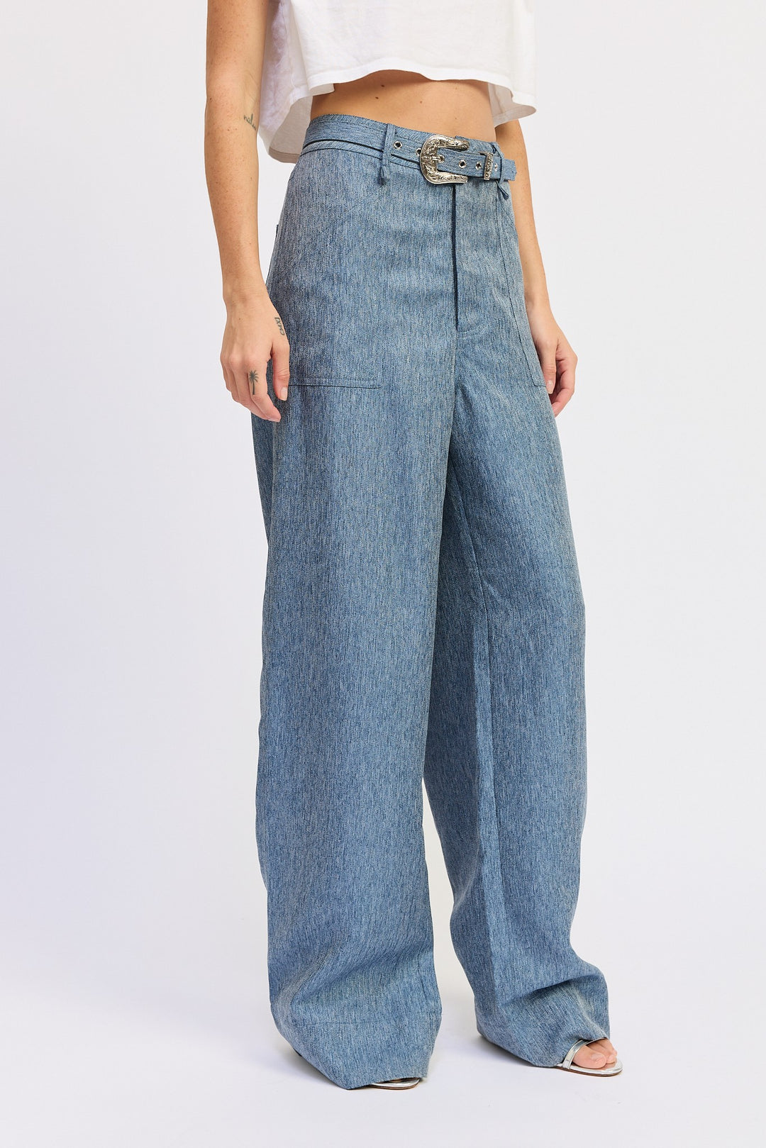 Belted Wide Leg Denim Trousers