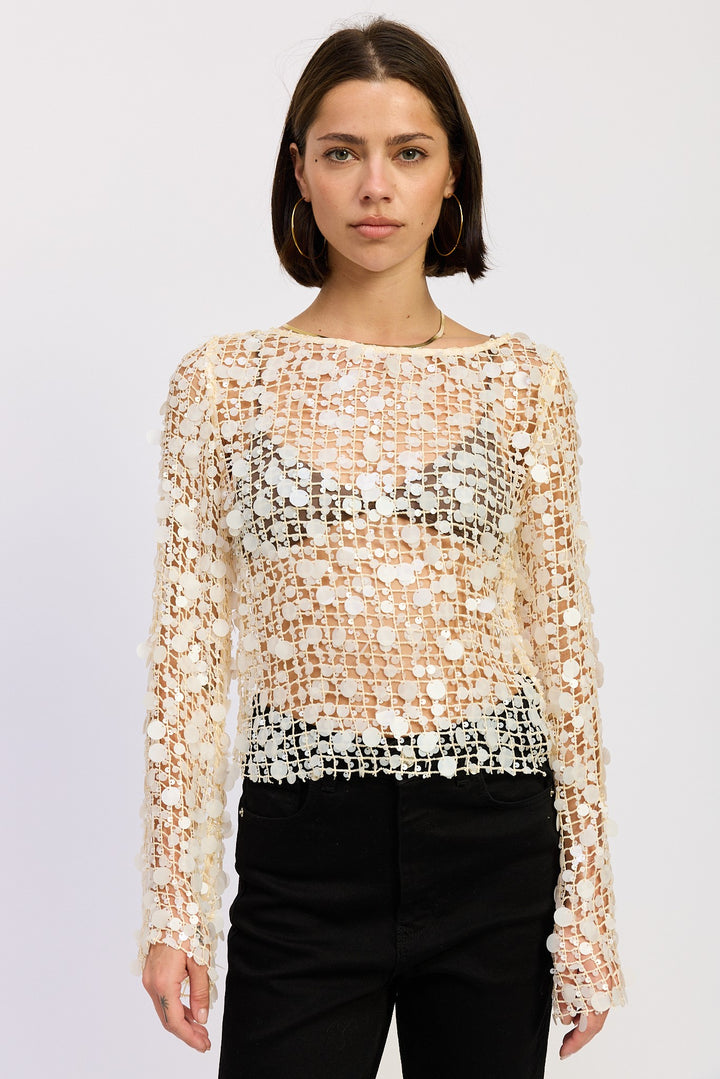 Long Sleeve Sequin Mesh Top
