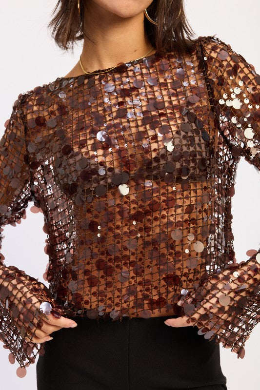 Brown Long Sleeve Sequin Mesh Top