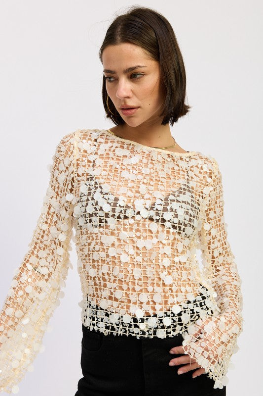 Long Sleeve Sequin Mesh Top