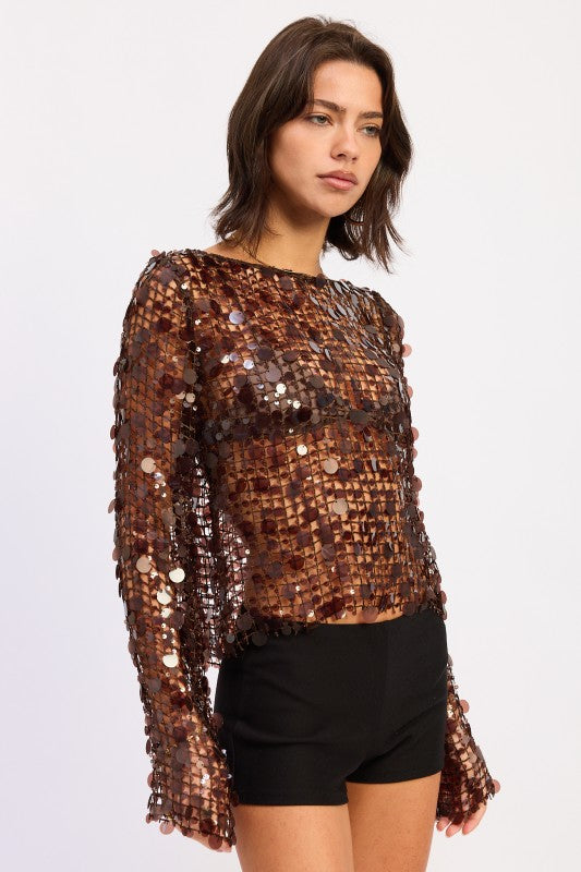 Long Sleeve Sequin Mesh Top