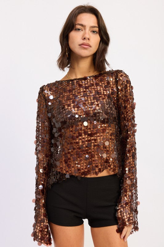 Ivory Long Sleeve Sequin Mesh Top