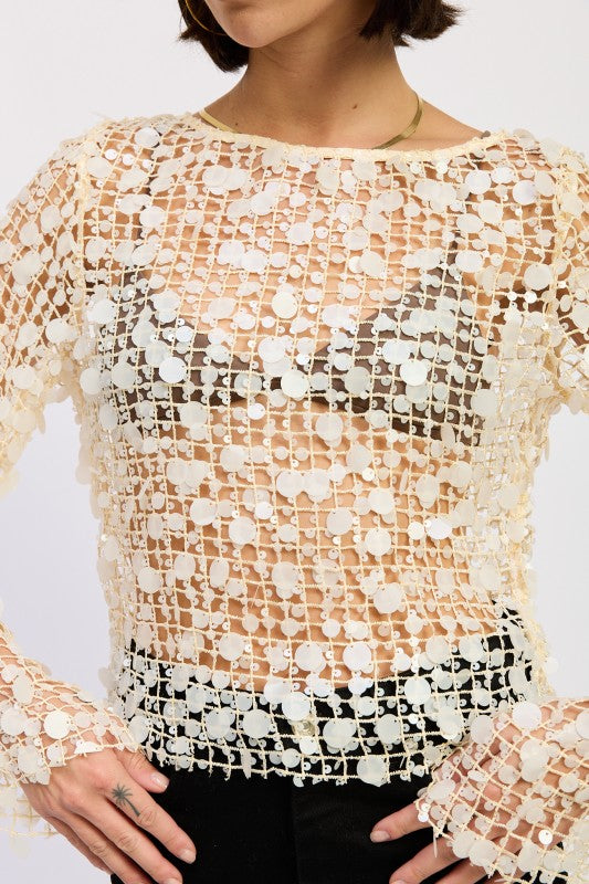 Long Sleeve Sequin Mesh Top