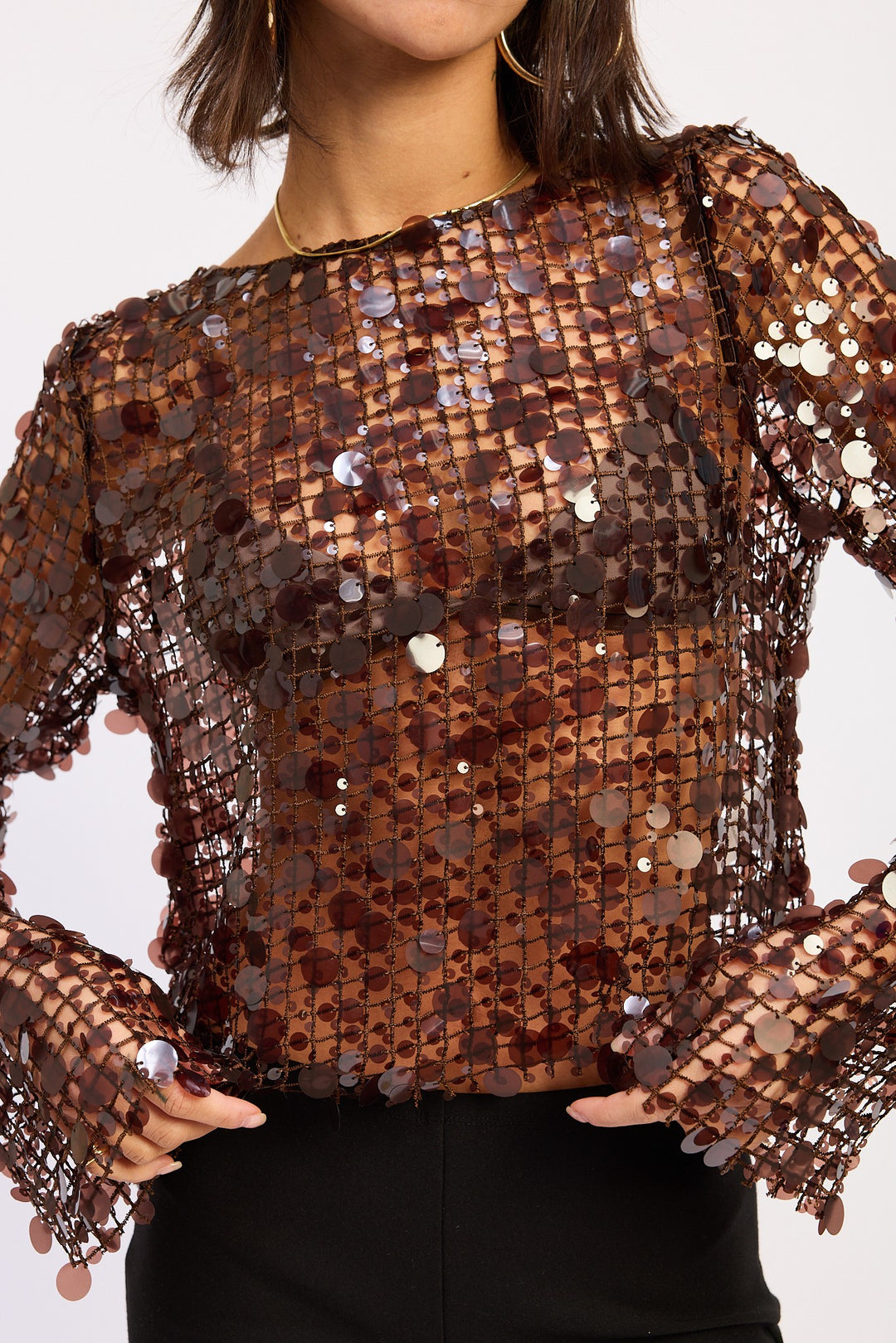 Long Sleeve Sequin Mesh Top