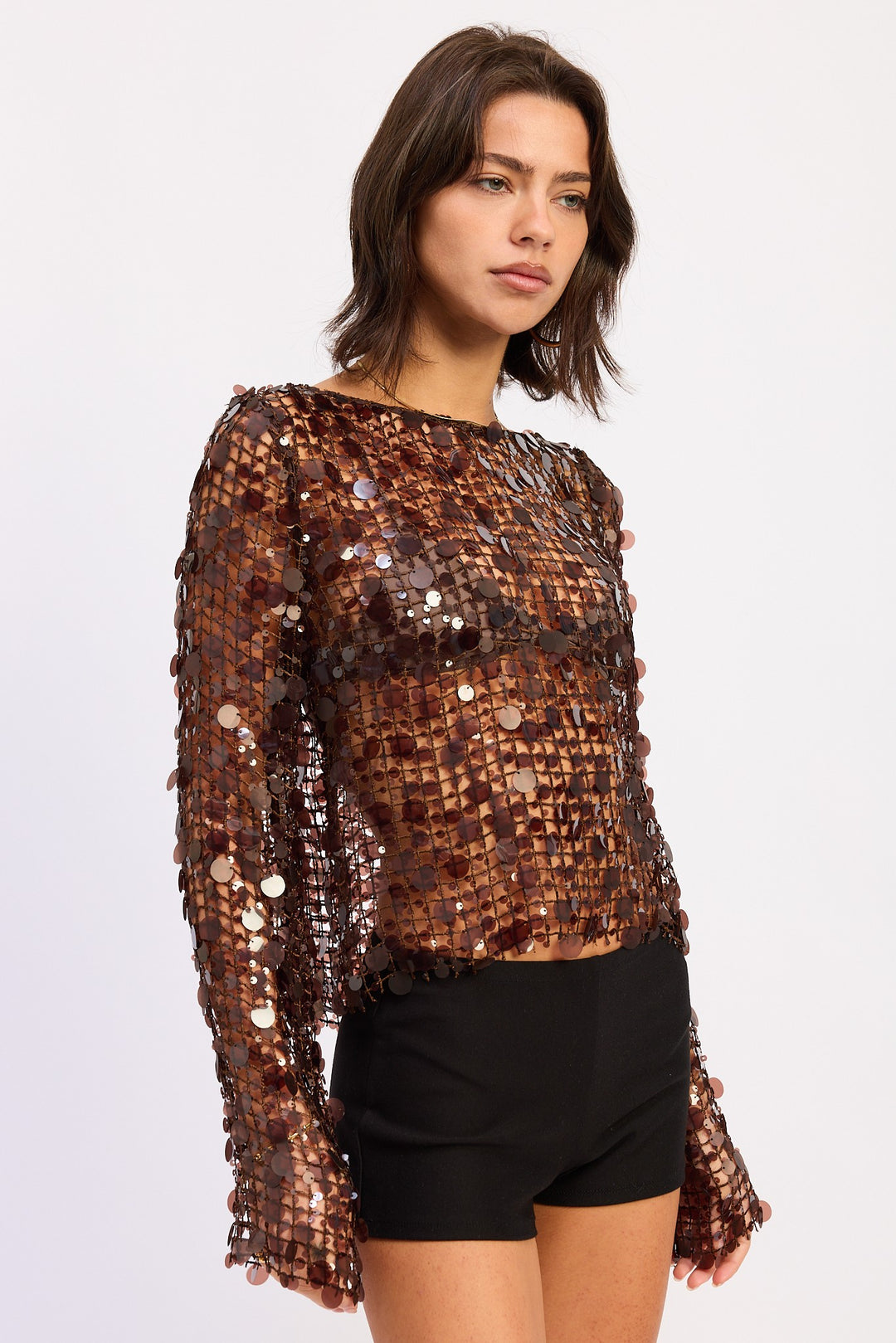 Long Sleeve Sequin Mesh Top