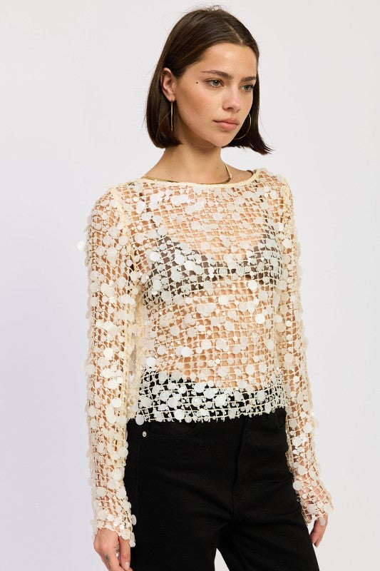 Long Sleeve Sequin Mesh Top