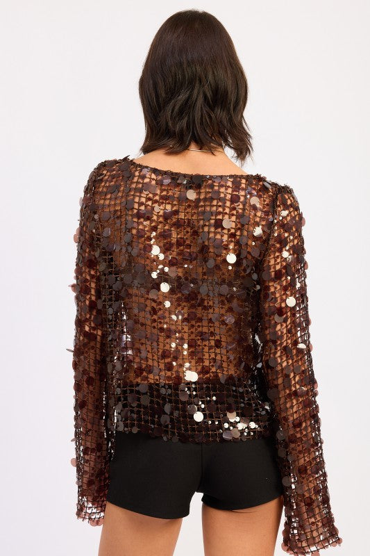 Long Sleeve Sequin Mesh Top