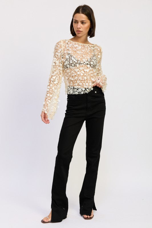 Long Sleeve Sequin Mesh Top