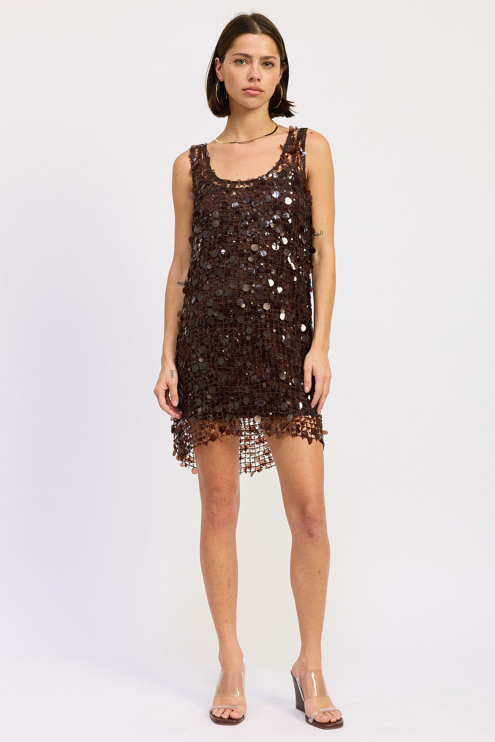 Brown Mini Mesh Sleeveless Sequin Dress