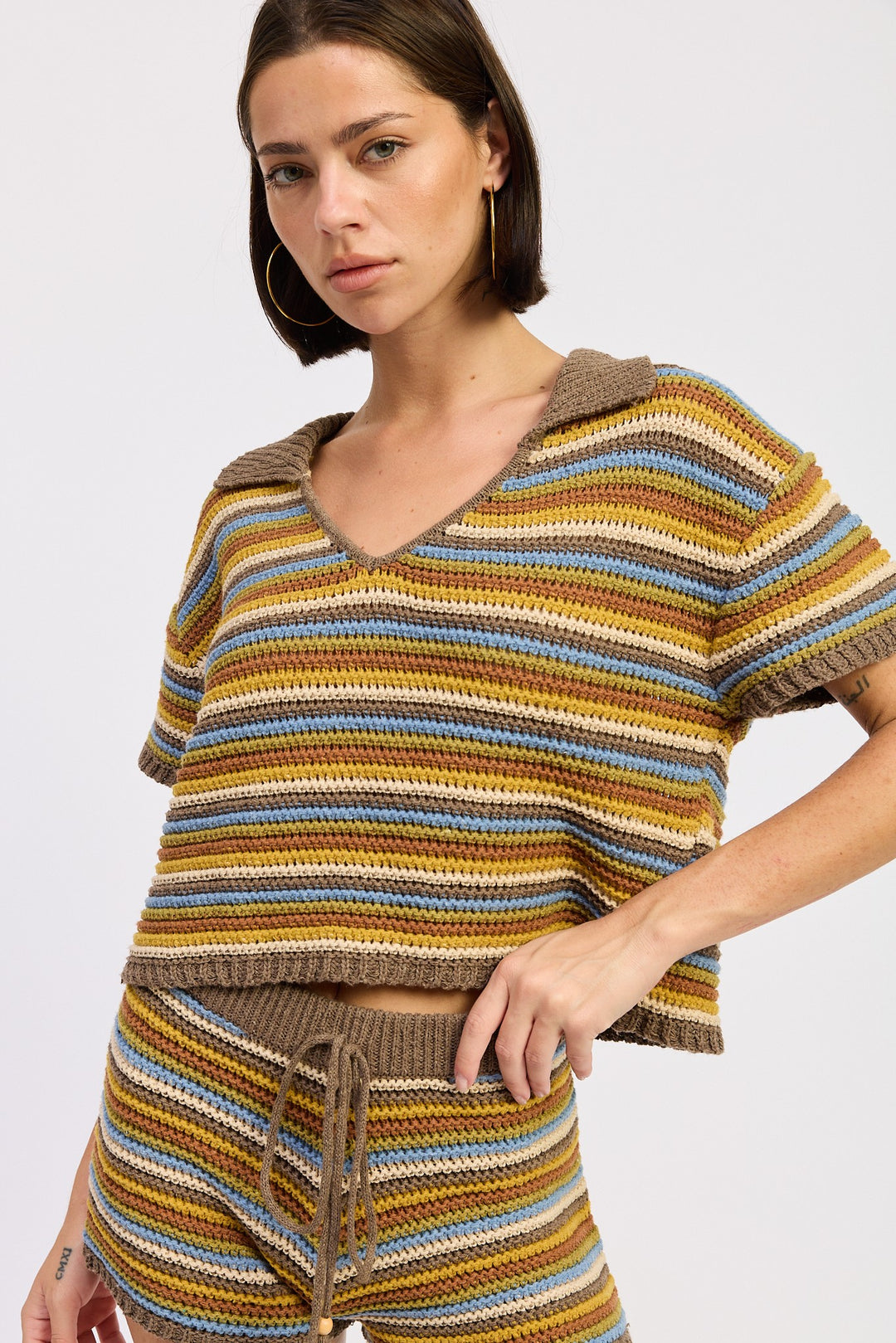 Brown Multi Striped Crochet Knitted Collared Top