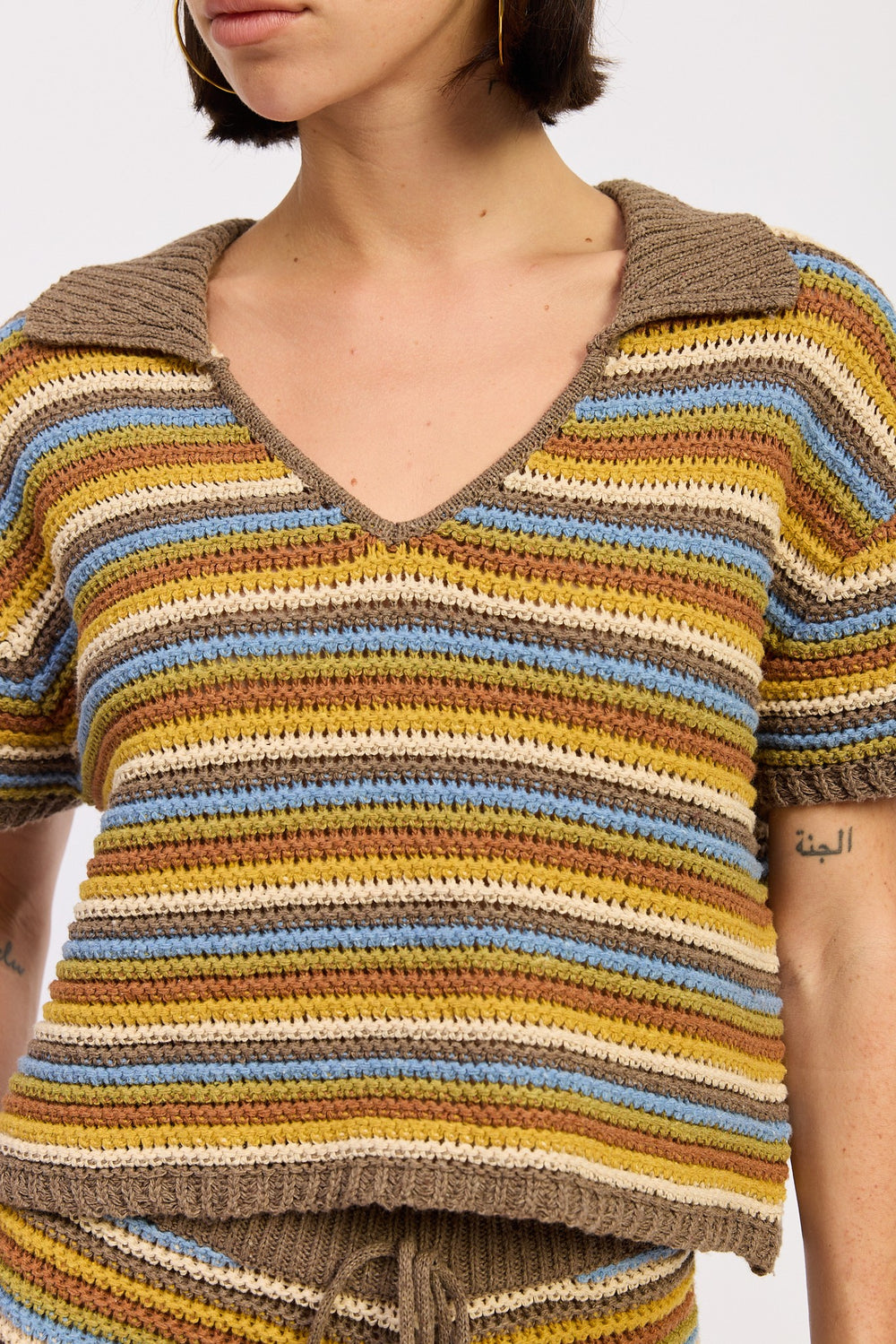 Brown Multi Striped Crochet Knitted Collared Top