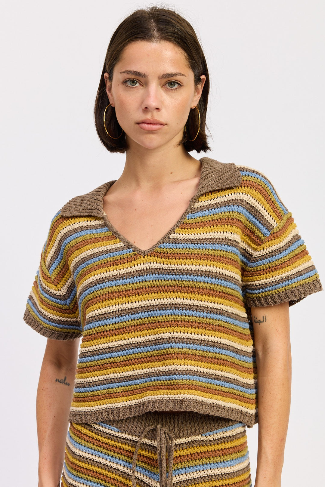 Brown Multi Striped Crochet Knitted Collared Top