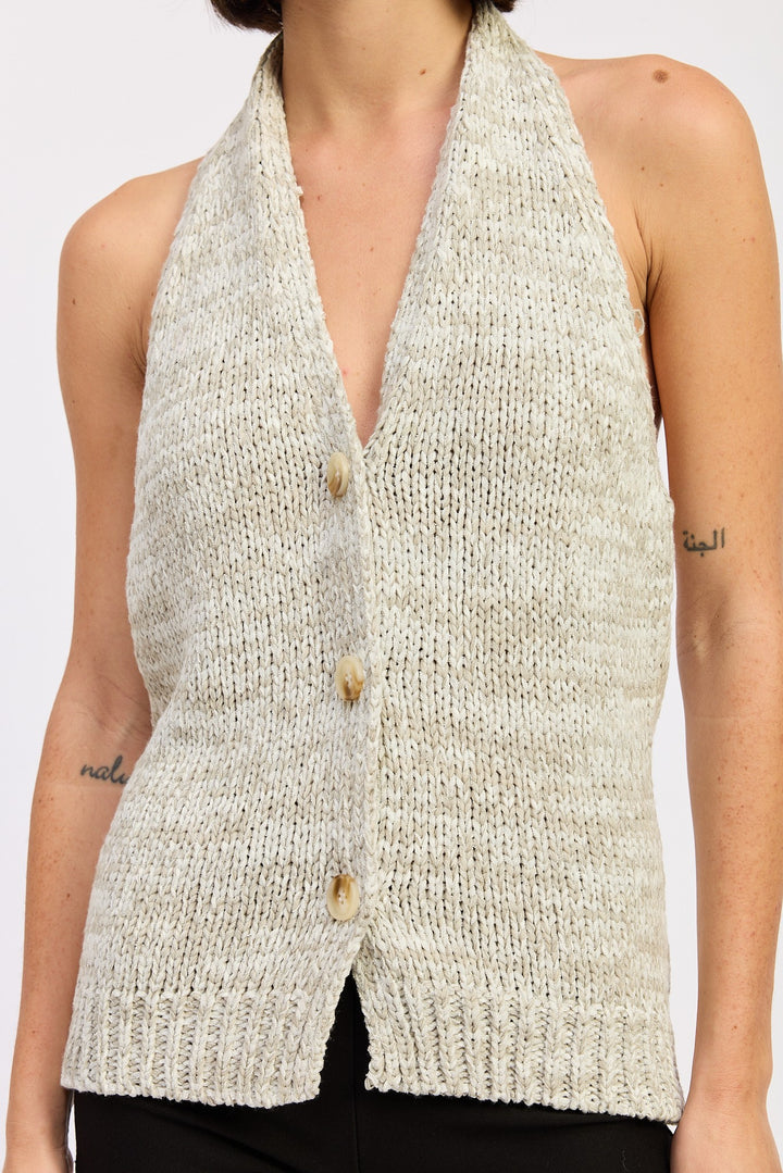 Hlater Neck Button Front Knit Top