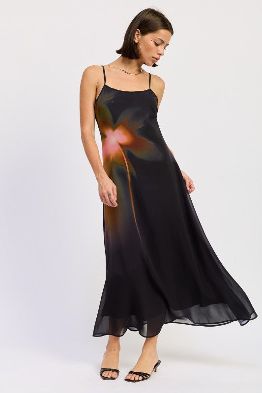 Black Maxi Floral Print Slip Dress With Scoop Back