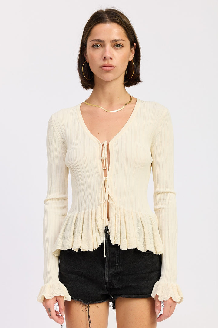 Ivory Long Sleeve Ribbed Ruffle Top