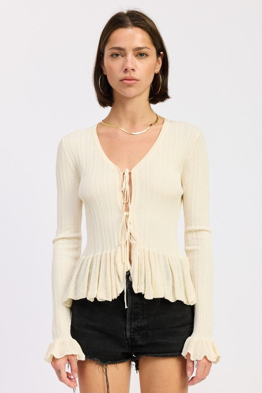 Ivory Long Sleeve Ribbed Ruffle Top